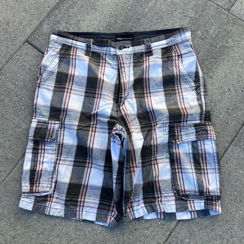 Decoded Mens Plaid Cargo Shorts White Black Red Size 34 Utility Casual Pockets